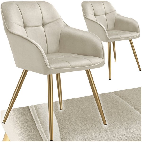 tectake Esszimmerstuhl Polstersessel gepolstert, in Samtoptik, gesteppt, 58 x 62 x 82 cm (Küchenstuhl Marilyn in creme/gold, 2 St), schlanke, goldene Stahlbeine