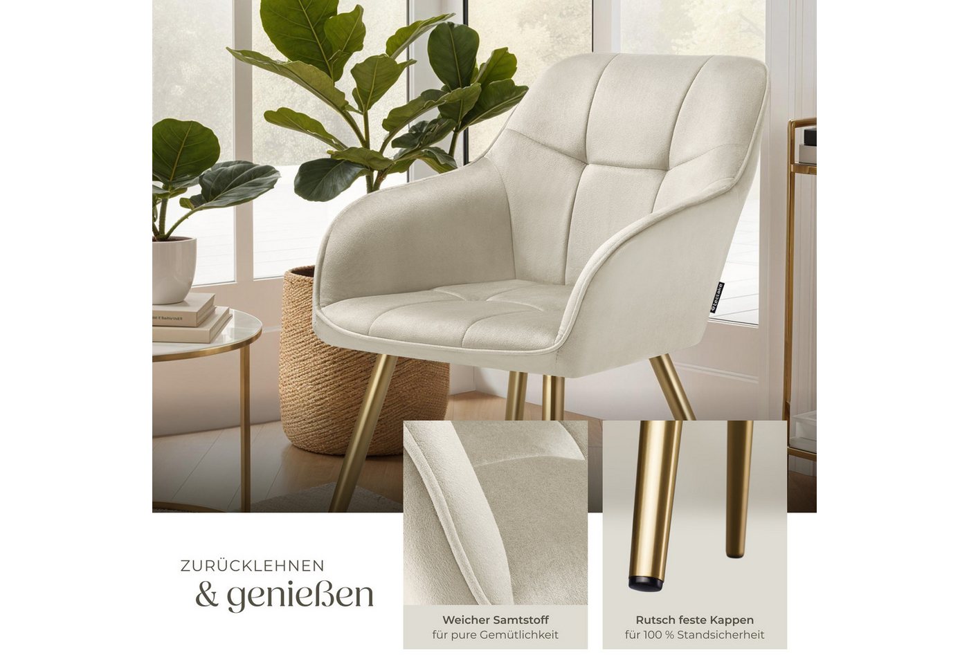 tectake Esszimmerstuhl Polstersessel gepolstert, in Samtoptik, gesteppt, 58 x 62 x 82 cm (Küchenstuhl Marilyn in creme/gold, 2 St), schlanke, goldene Stahlbeine – Bild 4 von 5