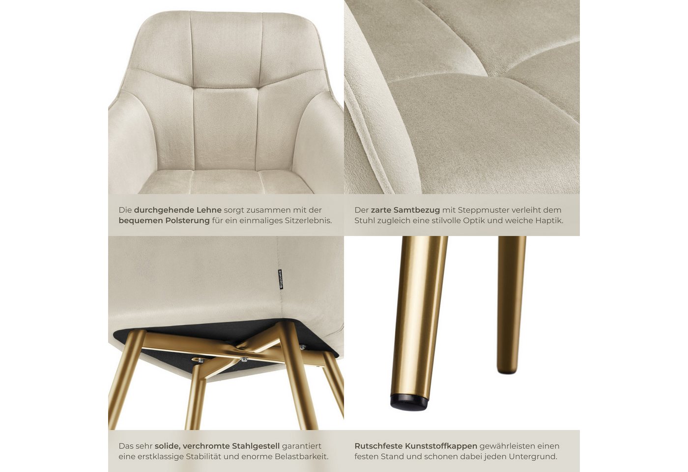 tectake Esszimmerstuhl Polstersessel gepolstert, in Samtoptik, gesteppt, 58 x 62 x 82 cm (Küchenstuhl Marilyn in creme/gold, 2 St), schlanke, goldene Stahlbeine – Bild 5 von 5