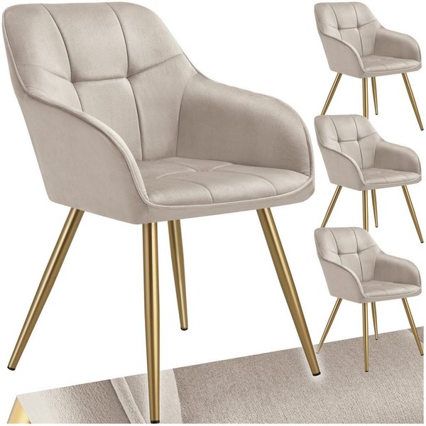 tectake Esszimmerstuhl Polstersessel gepolstert, in Samtoptik, gesteppt, 58 x 62 x 82 cm (Küchenstuhl Marilyn in taupe/gold, 4 St), schlanke, goldene Stahlbeine