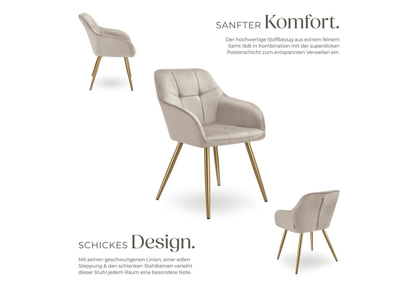 tectake Esszimmerstuhl Polstersessel gepolstert, in Samtoptik, gesteppt, 58 x 62 x 82 cm (Küchenstuhl Marilyn in taupe/gold, 4 St), schlanke, goldene Stahlbeine – Bild 3 von 5