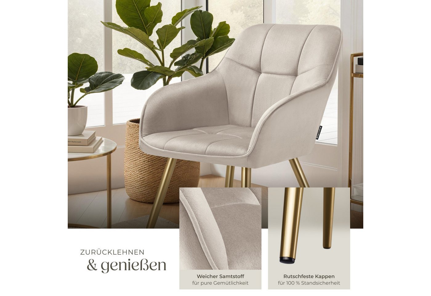 tectake Esszimmerstuhl Polstersessel gepolstert, in Samtoptik, gesteppt, 58 x 62 x 82 cm (Küchenstuhl Marilyn in taupe/gold, 4 St), schlanke, goldene Stahlbeine – Bild 4 von 5