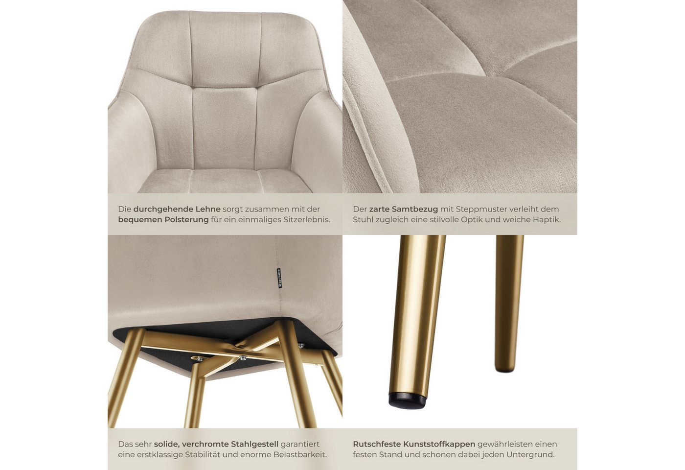 tectake Esszimmerstuhl Polstersessel gepolstert, in Samtoptik, gesteppt, 58 x 62 x 82 cm (Küchenstuhl Marilyn in taupe/gold, 4 St), schlanke, goldene Stahlbeine – Bild 5 von 5