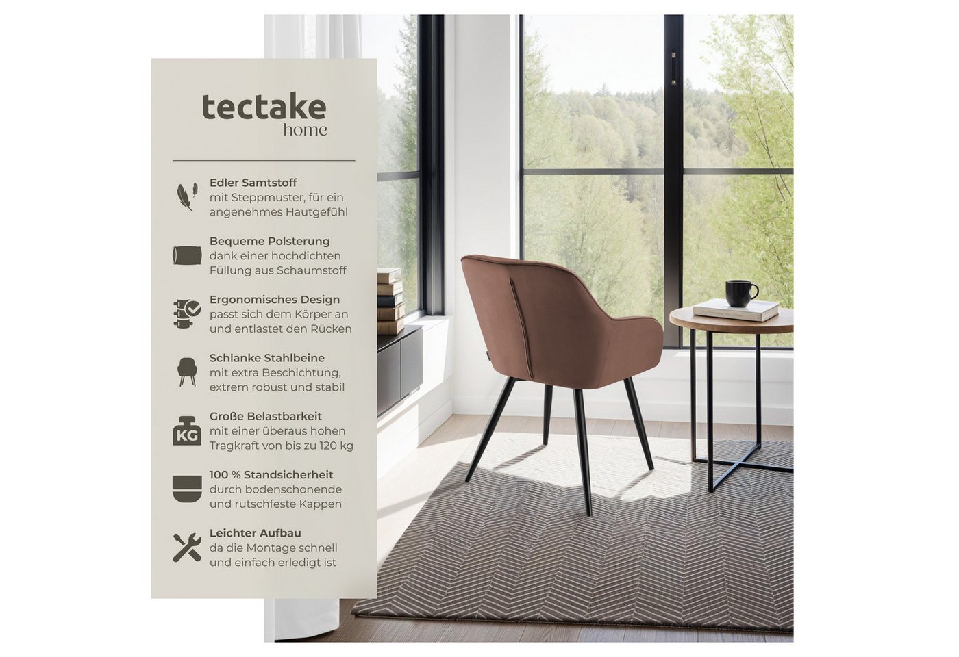 tectake Esszimmerstuhl Polstersessel gepolstert, in Samtoptik, gesteppt, 58 x 62 x 82 cm (Küchenstuhl Marilyn in braun/schwarz, 4 St), durchgehende Lehne, Stahl – Bild 2 von 5