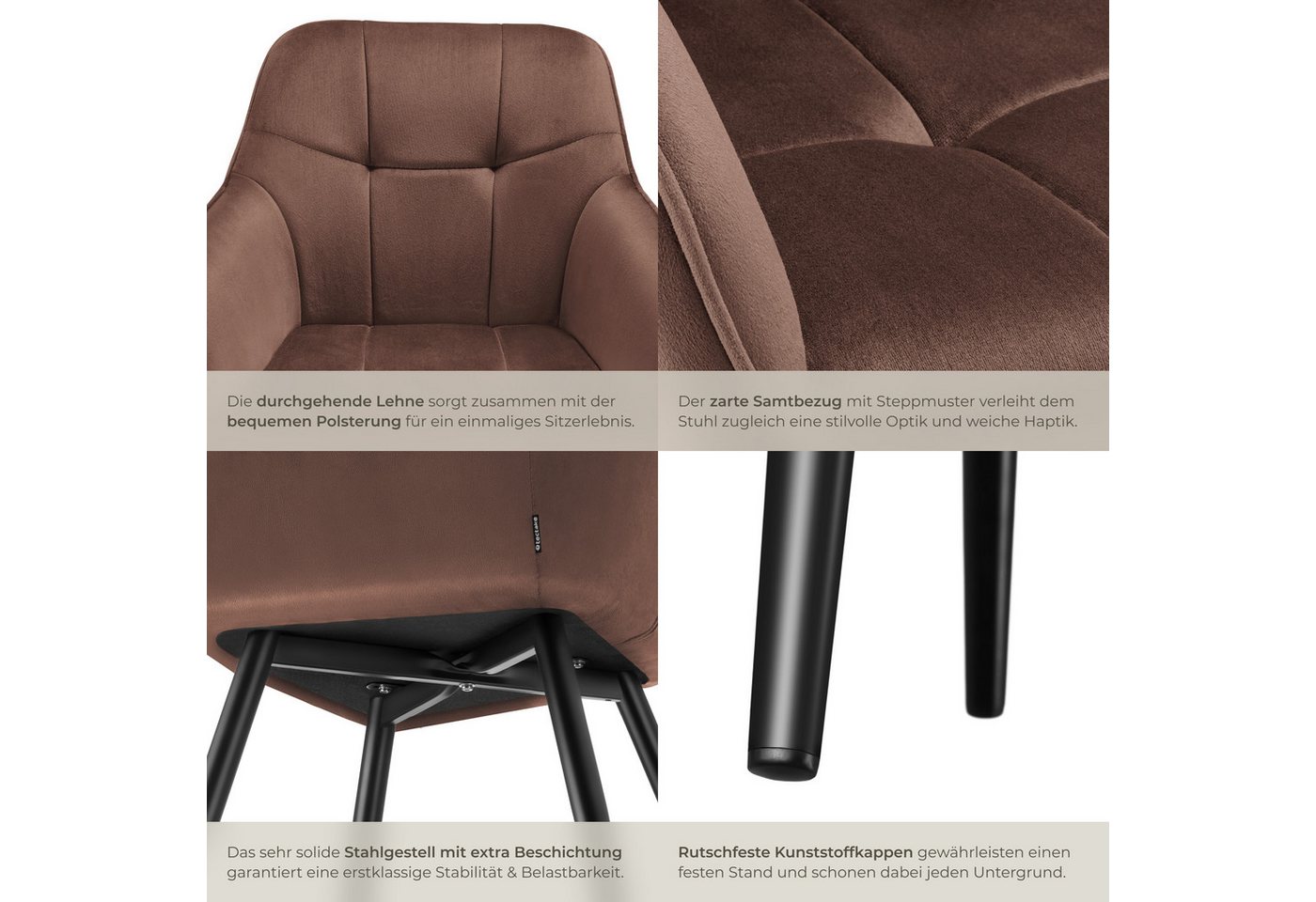 tectake Esszimmerstuhl Polstersessel gepolstert, in Samtoptik, gesteppt, 58 x 62 x 82 cm (Küchenstuhl Marilyn in braun/schwarz, 4 St), durchgehende Lehne, Stahl – Bild 5 von 5