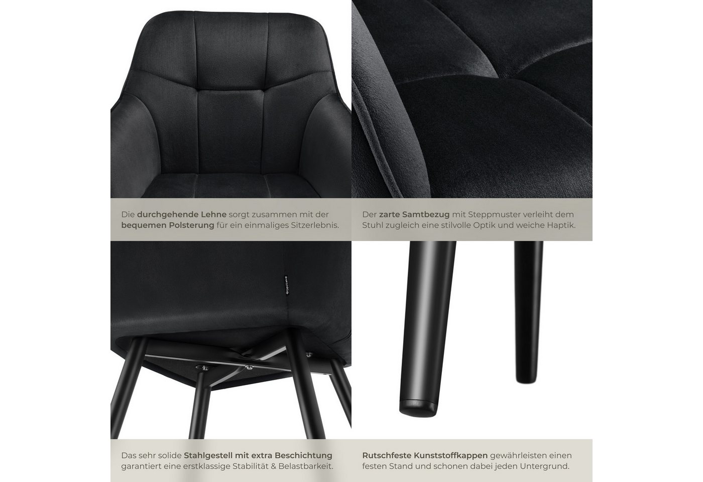 tectake Esszimmerstuhl Polstersessel gepolstert, in Samtoptik, gesteppt, 58 x 62 x 82 cm (Küchenstuhl Marilyn in schwarz/schwarz, 2 St), durchgehende Lehne, Sta – Bild 5 von 5