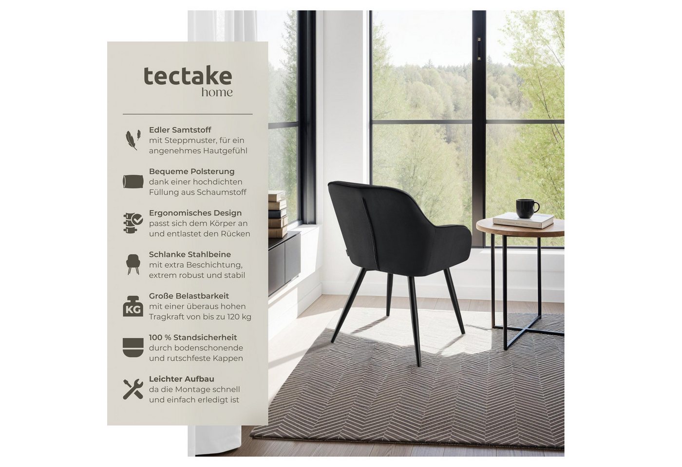 tectake Esszimmerstuhl Polstersessel gepolstert, in Samtoptik, gesteppt, 58 x 62 x 82 cm (Küchenstuhl Marilyn in schwarz/schwarz, 4 St), durchgehende Lehne, Sta – Bild 2 von 5