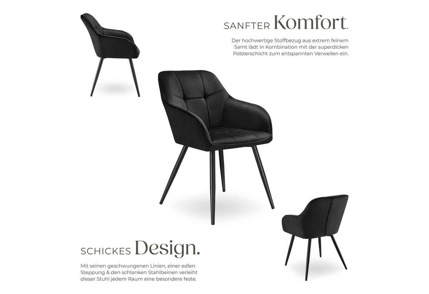 tectake Esszimmerstuhl Polstersessel gepolstert, in Samtoptik, gesteppt, 58 x 62 x 82 cm (Küchenstuhl Marilyn in schwarz/schwarz, 4 St), durchgehende Lehne, Sta – Bild 3 von 5