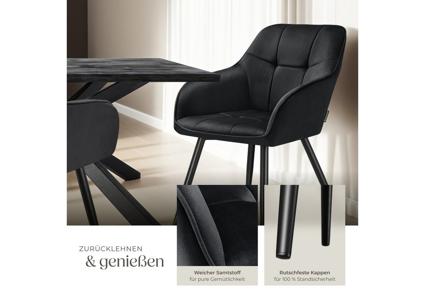 tectake Esszimmerstuhl Polstersessel gepolstert, in Samtoptik, gesteppt, 58 x 62 x 82 cm (Küchenstuhl Marilyn in schwarz/schwarz, 4 St), durchgehende Lehne, Sta – Bild 4 von 5