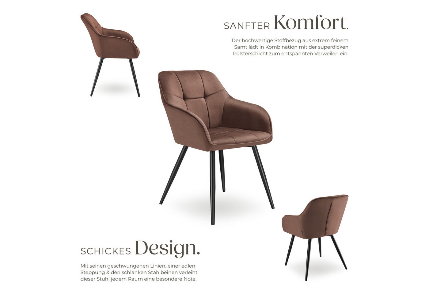 tectake Esszimmerstuhl Polstersessel gepolstert, in Samtoptik, gesteppt, 58 x 62 x 82 cm (Küchenstuhl Marilyn in braun/schwarz, 2 St), durchgehende Lehne, Stahl – Bild 3 von 5