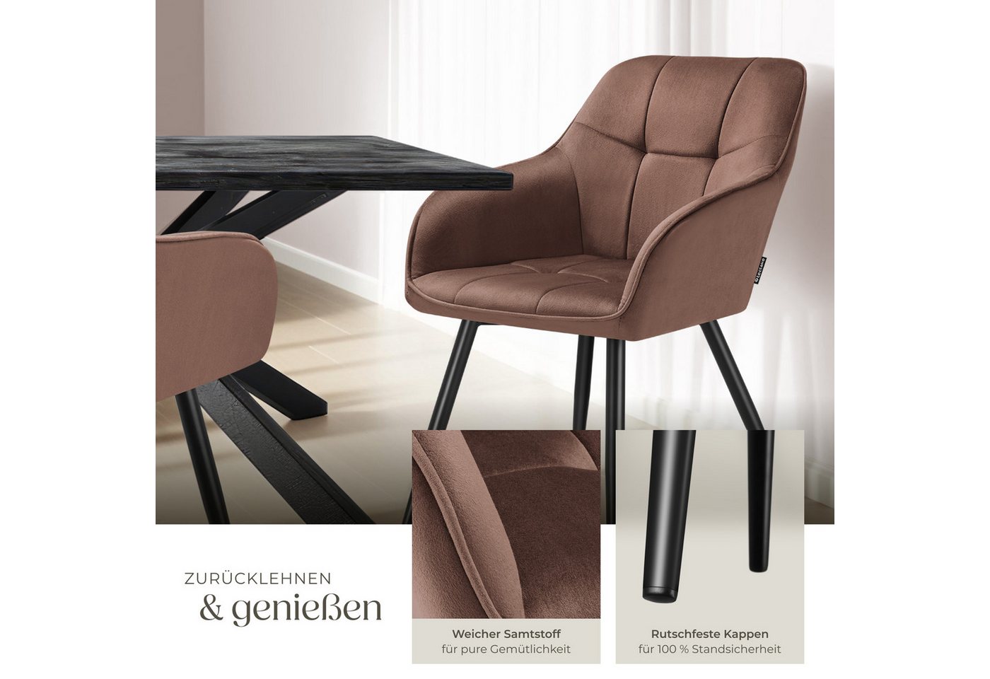 tectake Esszimmerstuhl Polstersessel gepolstert, in Samtoptik, gesteppt, 58 x 62 x 82 cm (Küchenstuhl Marilyn in braun/schwarz, 2 St), durchgehende Lehne, Stahl – Bild 4 von 5