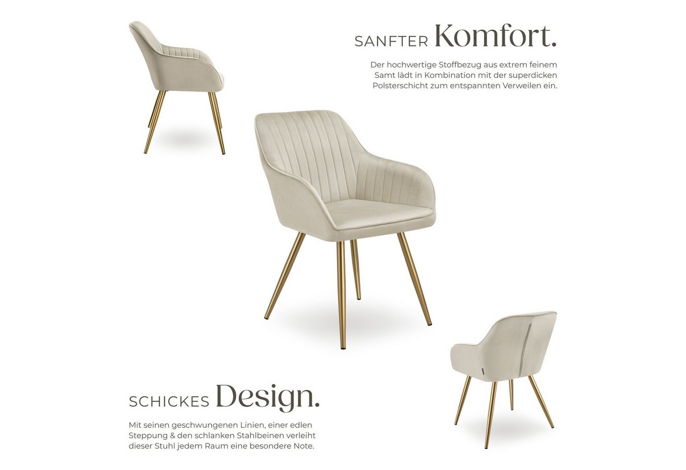 tectake Esszimmerstuhl Polstersessel gepolstert, in Samtoptik, gesteppt, 58 x 62 x 82 cm (Küchenstuhl Marilyn in creme/gold, 4 St), schlanke, goldene Stahlbeine – Bild 3 von 5