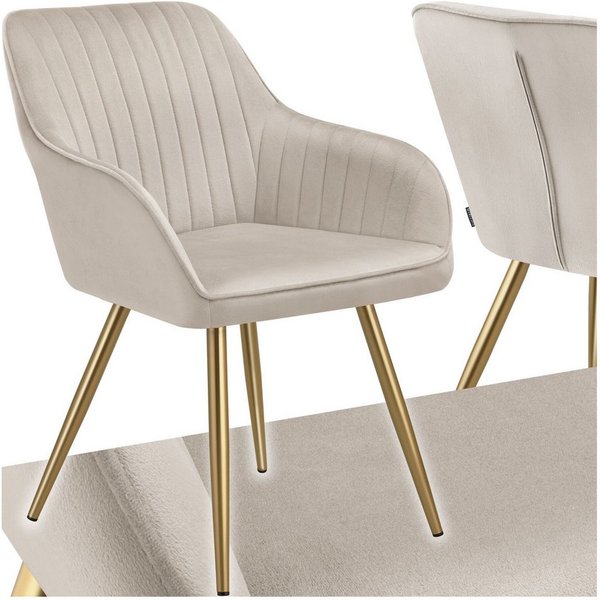tectake Esszimmerstuhl Polstersessel gepolstert, in Samtoptik, gesteppt, 58 x 62 x 82 cm (Küchenstuhl Marilyn in taupe/gold, 1 St), schlanke, goldene Stahlbeine