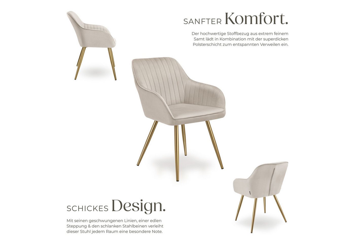 tectake Esszimmerstuhl Polstersessel gepolstert, in Samtoptik, gesteppt, 58 x 62 x 82 cm (Küchenstuhl Marilyn in taupe/gold, 1 St), schlanke, goldene Stahlbeine – Bild 3 von 5