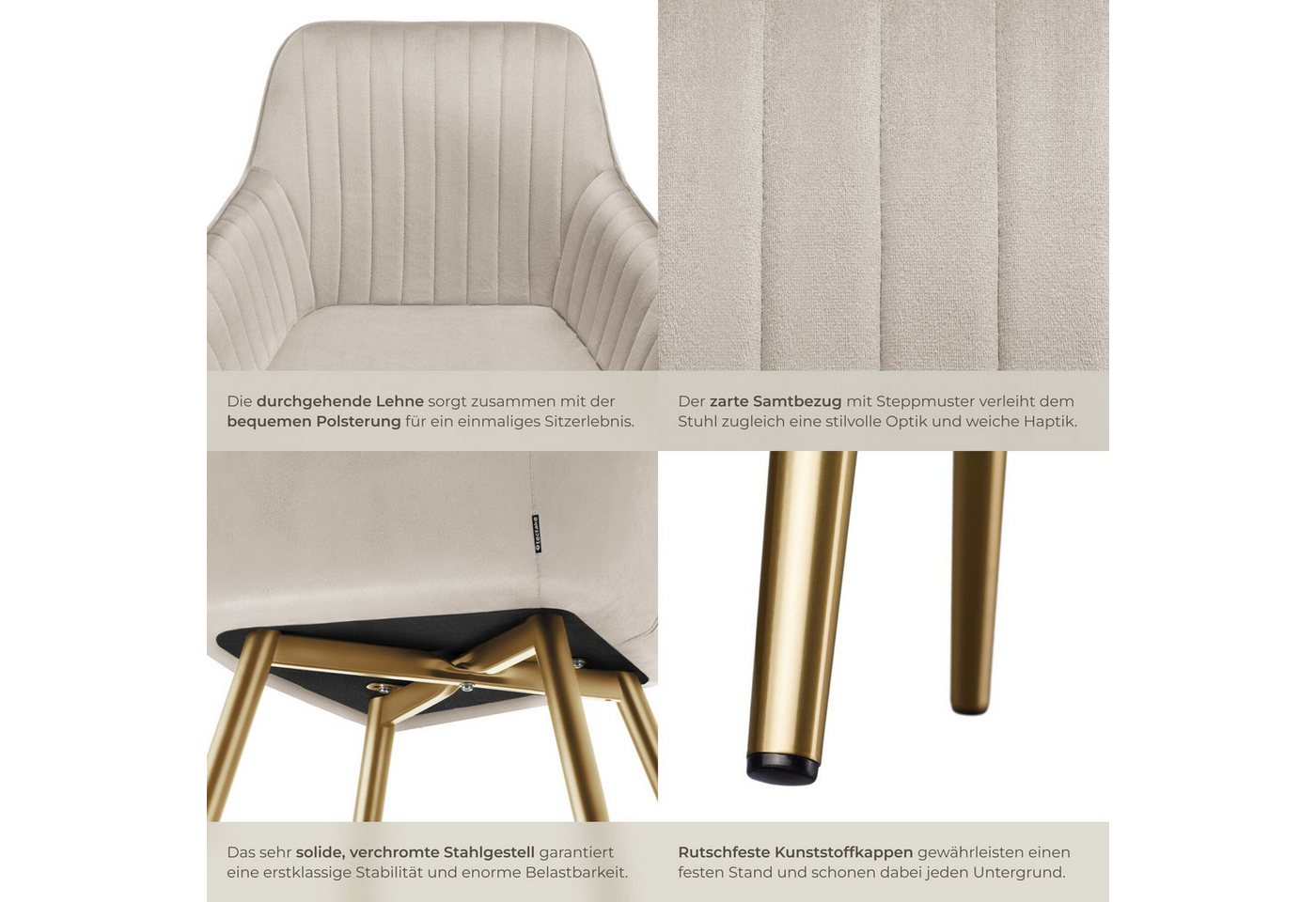 tectake Esszimmerstuhl Polstersessel gepolstert, in Samtoptik, gesteppt, 58 x 62 x 82 cm (Küchenstuhl Marilyn in taupe/gold, 1 St), schlanke, goldene Stahlbeine – Bild 5 von 5