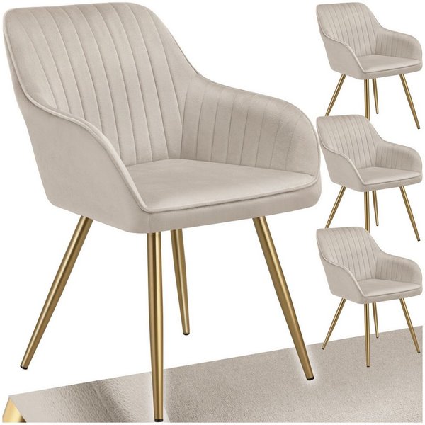 tectake Esszimmerstuhl Polstersessel gepolstert, in Samtoptik, gesteppt, 58 x 62 x 82 cm (Küchenstuhl Marilyn in taupe/gold, 4 St), schlanke, goldene Stahlbeine