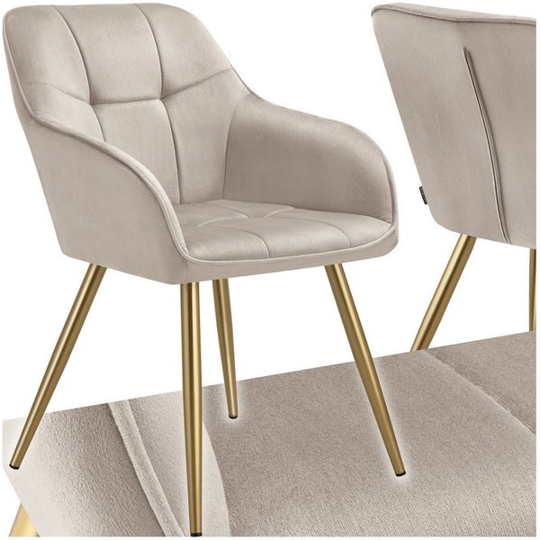 tectake Esszimmerstuhl Polstersessel gepolstert, in Samtoptik, gesteppt, 58 x 62 x 82 cm (Küchenstuhl Marilyn in taupe/gold, 1 St), schlanke, goldene Stahlbeine