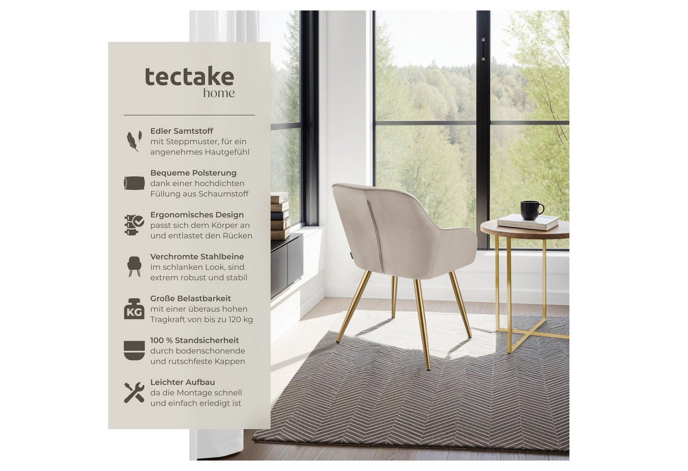tectake Esszimmerstuhl Polstersessel gepolstert, in Samtoptik, gesteppt, 58 x 62 x 82 cm (Küchenstuhl Marilyn in taupe/gold, 1 St), schlanke, goldene Stahlbeine – Bild 2 von 5