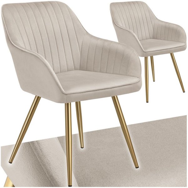 tectake Esszimmerstuhl Polstersessel gepolstert, in Samtoptik, gesteppt, 58 x 62 x 82 cm (Küchenstuhl Marilyn in taupe/gold, 2 St), schlanke, goldene Stahlbeine