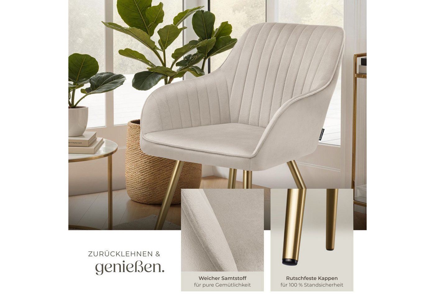 tectake Esszimmerstuhl Polstersessel gepolstert, in Samtoptik, gesteppt, 58 x 62 x 82 cm (Küchenstuhl Marilyn in taupe/gold, 2 St), schlanke, goldene Stahlbeine – Bild 4 von 5
