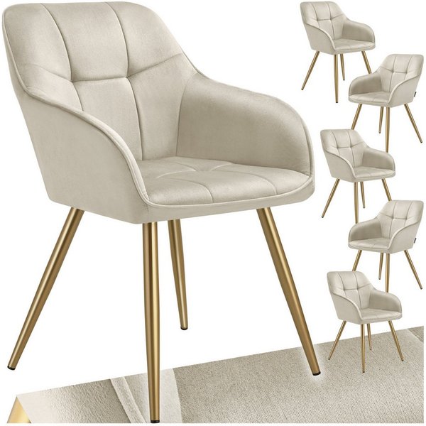 tectake Esszimmerstuhl Polstersessel gepolstert, in Samtoptik, gesteppt, 58 x 62 x 82 cm (Küchenstuhl Marilyn in creme/gold, 6 St), schlanke, goldene Stahlbeine