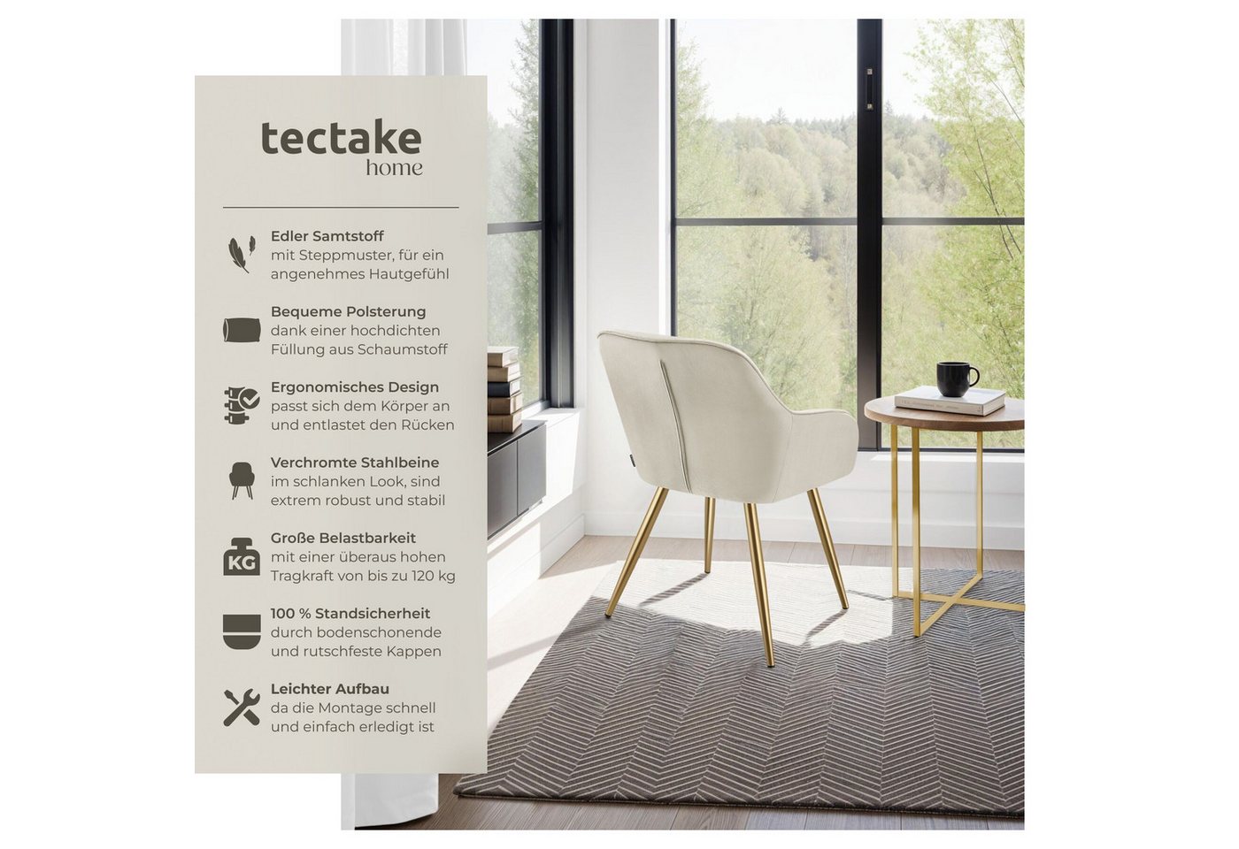 tectake Esszimmerstuhl Polstersessel gepolstert, in Samtoptik, gesteppt, 58 x 62 x 82 cm (Küchenstuhl Marilyn in creme/gold, 6 St), schlanke, goldene Stahlbeine – Bild 2 von 5
