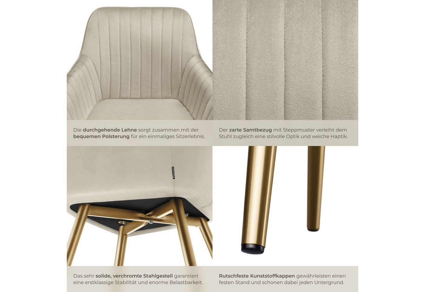 tectake Esszimmerstuhl Polstersessel gepolstert, in Samtoptik, gesteppt, 58 x 62 x 82 cm (Küchenstuhl Marilyn in creme/gold, 6 St), schlanke, goldene Stahlbeine – Bild 5 von 5