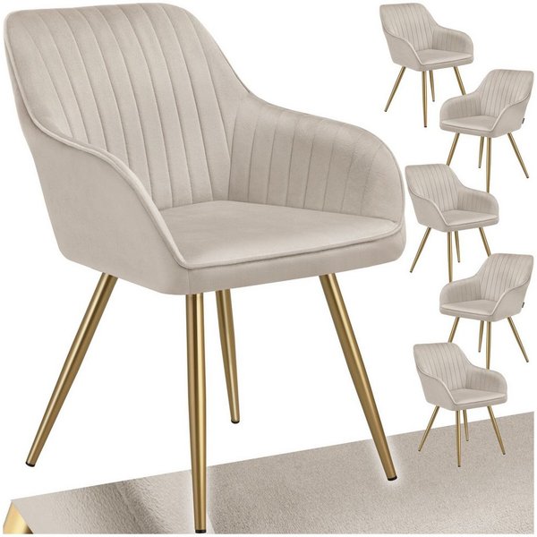 tectake Esszimmerstuhl Polstersessel gepolstert, in Samtoptik, gesteppt, 58 x 62 x 82 cm (Küchenstuhl Marilyn in taupe/gold, 6 St), schlanke, goldene Stahlbeine