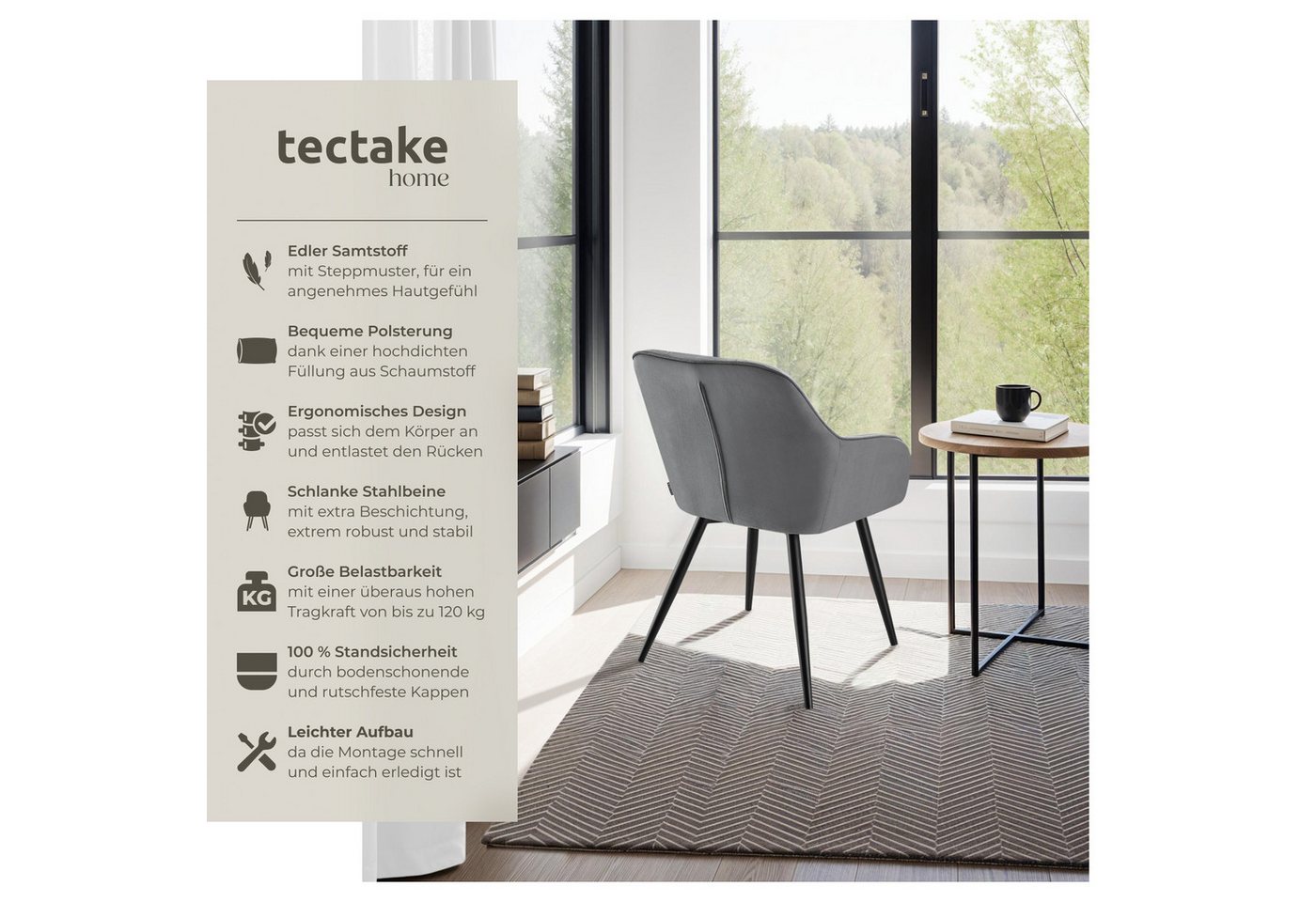 tectake Esszimmerstuhl Polstersessel gepolstert, in Samtoptik, gesteppt, 58 x 62 x 82 cm (Küchenstuhl Marilyn in grau/schwarz, 4 St), durchgehende Lehne, Stahlb – Bild 2 von 5