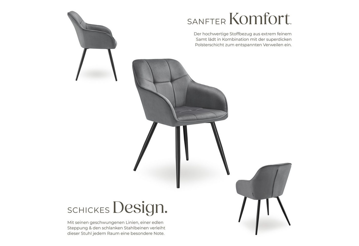 tectake Esszimmerstuhl Polstersessel gepolstert, in Samtoptik, gesteppt, 58 x 62 x 82 cm (Küchenstuhl Marilyn in grau/schwarz, 4 St), durchgehende Lehne, Stahlb – Bild 3 von 5