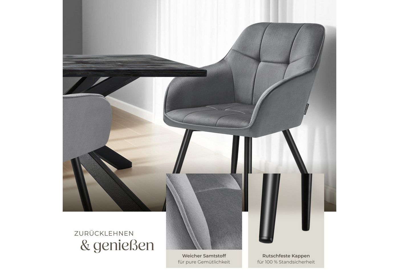tectake Esszimmerstuhl Polstersessel gepolstert, in Samtoptik, gesteppt, 58 x 62 x 82 cm (Küchenstuhl Marilyn in grau/schwarz, 4 St), durchgehende Lehne, Stahlb – Bild 4 von 5
