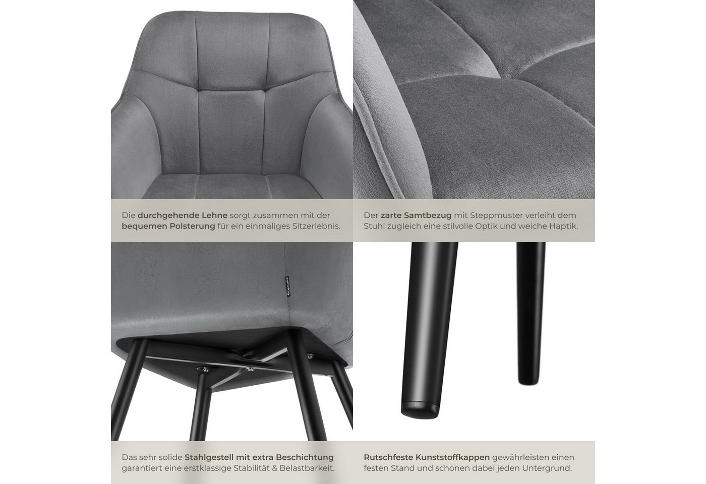 tectake Esszimmerstuhl Polstersessel gepolstert, in Samtoptik, gesteppt, 58 x 62 x 82 cm (Küchenstuhl Marilyn in grau/schwarz, 4 St), durchgehende Lehne, Stahlb – Bild 5 von 5