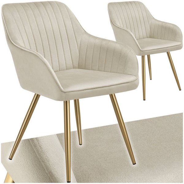 tectake Esszimmerstuhl Polstersessel gepolstert, in Samtoptik, gesteppt, 58 x 62 x 82 cm (Küchenstuhl Marilyn in creme/gold, 2 St), schlanke, goldene Stahlbeine