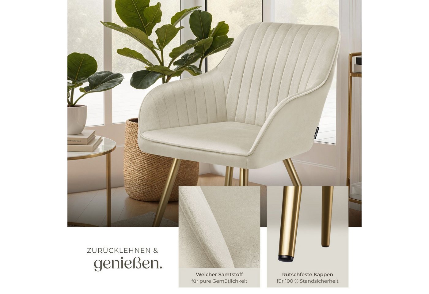 tectake Esszimmerstuhl Polstersessel gepolstert, in Samtoptik, gesteppt, 58 x 62 x 82 cm (Küchenstuhl Marilyn in creme/gold, 2 St), schlanke, goldene Stahlbeine – Bild 4 von 5