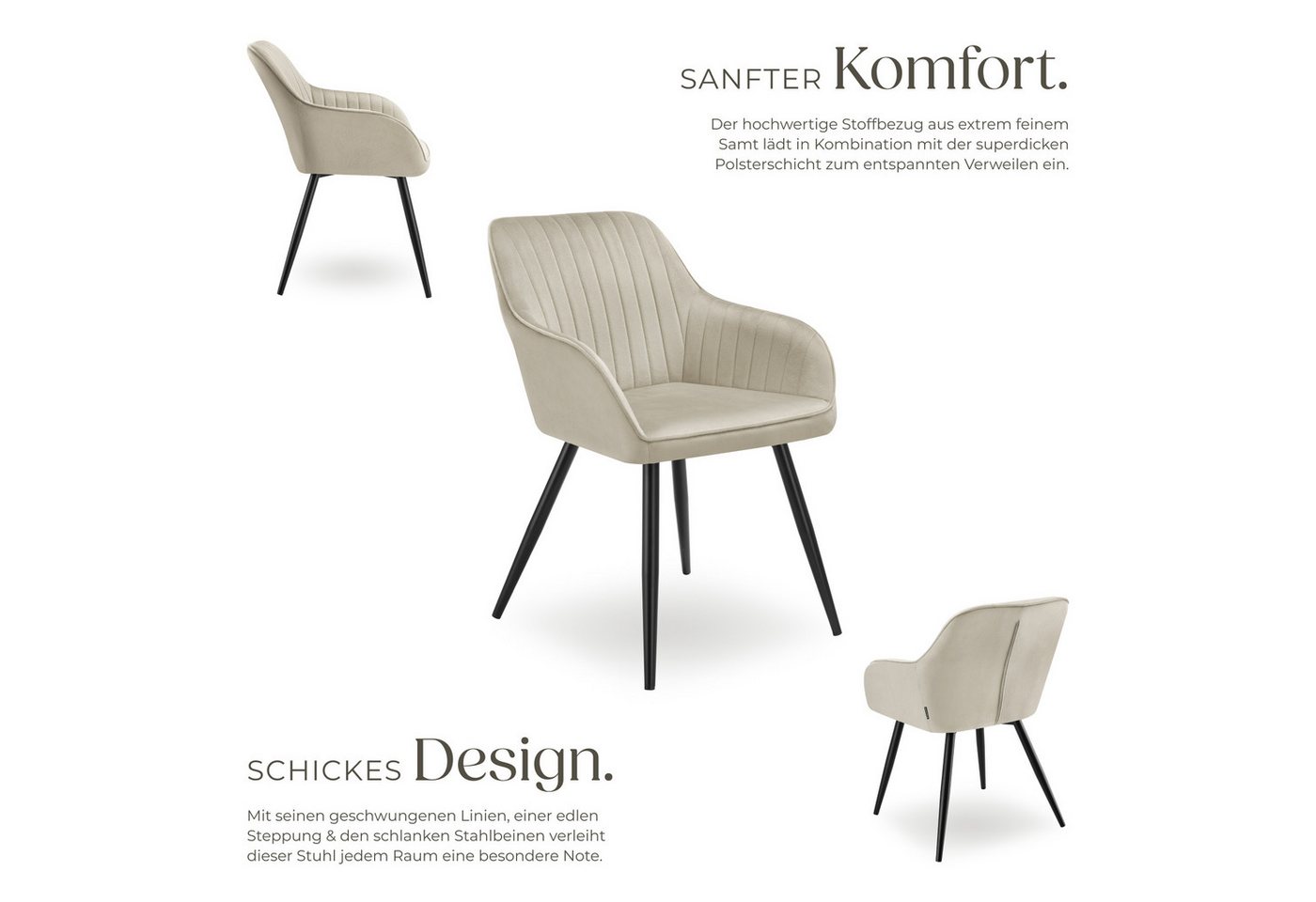 tectake Esszimmerstuhl Polstersessel gepolstert, in Samtoptik, gesteppt, 58 x 62 x 82 cm (Küchenstuhl Marilyn in creme/schwarz, 6 St), durchgehende Lehne, Stahl – Bild 3 von 5