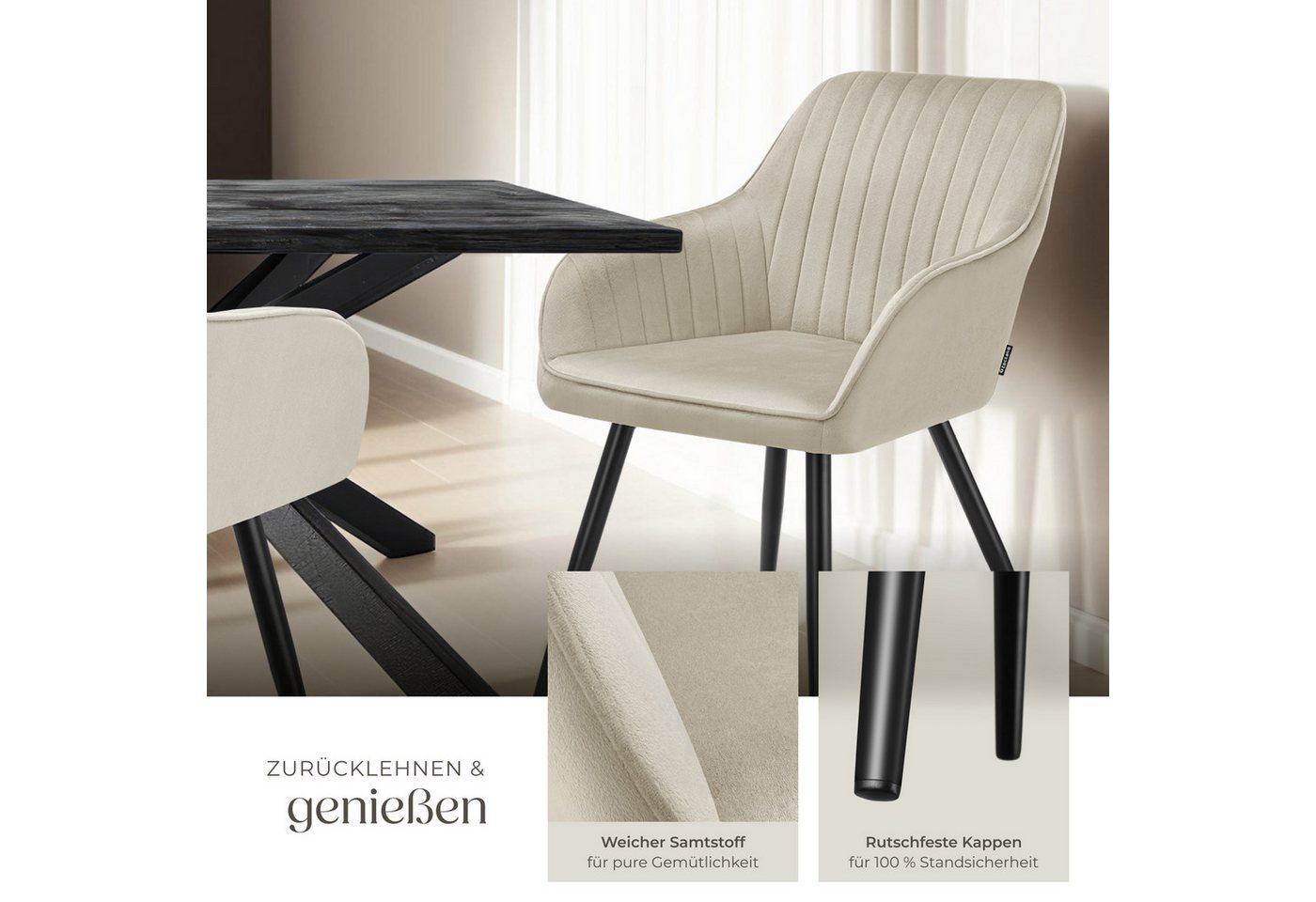 tectake Esszimmerstuhl Polstersessel gepolstert, in Samtoptik, gesteppt, 58 x 62 x 82 cm (Küchenstuhl Marilyn in creme/schwarz, 6 St), durchgehende Lehne, Stahl – Bild 4 von 5