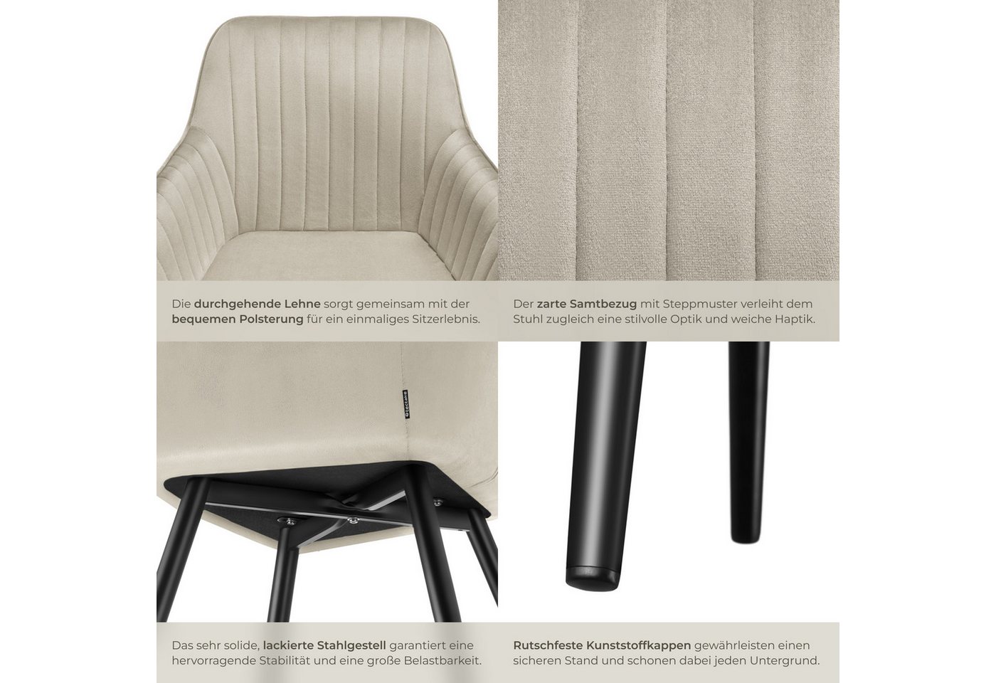 tectake Esszimmerstuhl Polstersessel gepolstert, in Samtoptik, gesteppt, 58 x 62 x 82 cm (Küchenstuhl Marilyn in creme/schwarz, 6 St), durchgehende Lehne, Stahl – Bild 5 von 5