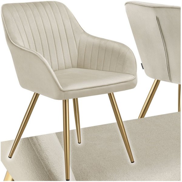 tectake Esszimmerstuhl Polstersessel gepolstert, in Samtoptik, gesteppt, 58 x 62 x 82 cm (Küchenstuhl Marilyn in creme/gold, 1 St), schlanke, goldene Stahlbeine