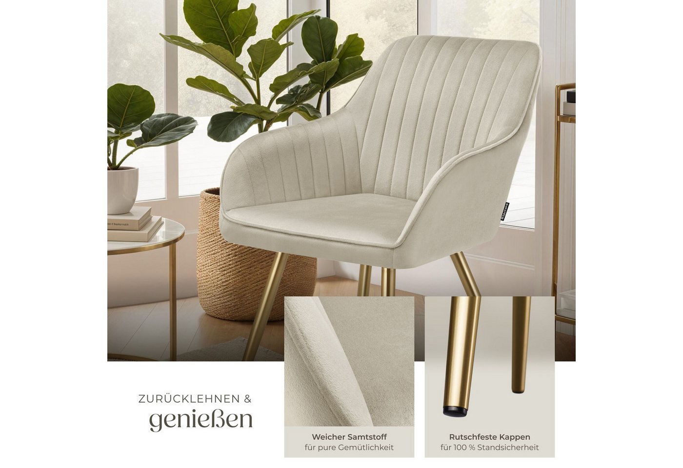 tectake Esszimmerstuhl Polstersessel gepolstert, in Samtoptik, gesteppt, 58 x 62 x 82 cm (Küchenstuhl Marilyn in creme/gold, 1 St), schlanke, goldene Stahlbeine – Bild 4 von 5