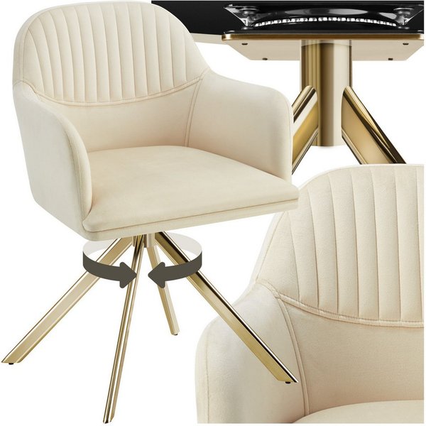 tectake Esszimmerstuhl Polsterstuhl, mit durchgehender Lehne, 56 x 59 x 81 cm (Drehbarer Samtstuhl Lona in creme/gold, 1 St), 360° drehbar, schlanke Stahlbeine,