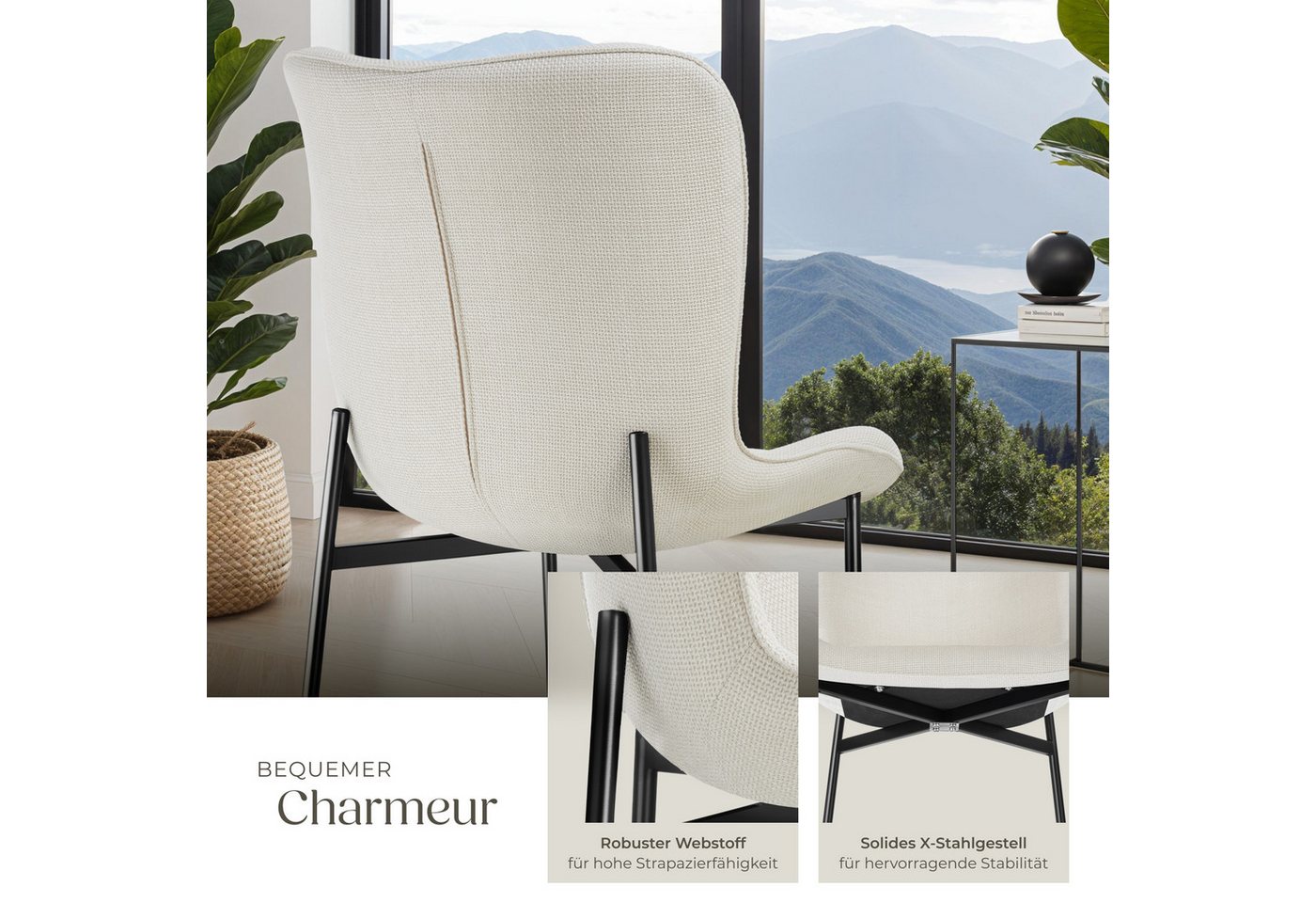 tectake Esszimmerstuhl Polsterstuhl, Belastbarkeit 120 kg, 54 x 62 x 90 cm (Lehnstuhl Tessa in Webstoff off-white/schwarz, 1 St), ergonomische Form mit hoher Rü – Bild 5 von 5