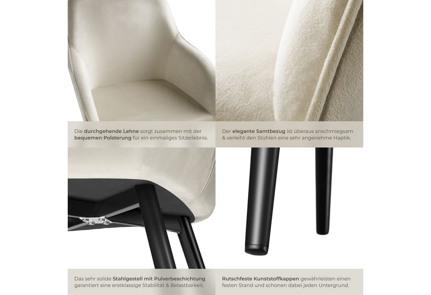 tectake Esszimmerstuhl Polsterstuhl Samtoptik mit durchgehender Lehne, schwarze Stahlbeine (Samtstuhl Marilyn, 6 St), bodenschonende Kunststoffkappen, Sitzkomfo – Bild 5 von 5