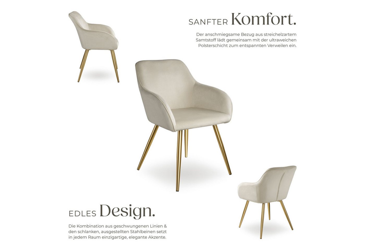 tectake Esszimmerstuhl Polsterstuhl Samtoptik mit durchgehender Lehne und goldenen (Samtstuhl Marilyn, 4 St), bodenschonende Kunststoffkappen, komfortable Sitzf – Bild 3 von 5