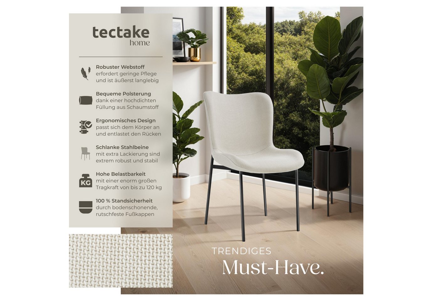 tectake Esszimmerstuhl Polsterstuhl, Belastbarkeit 120 kg, 54 x 62 x 90 cm (Lehnstuhl Tessa in Webstoff off-white/schwarz, 6 St), ergonomische Form mit hoher Rü – Bild 2 von 5