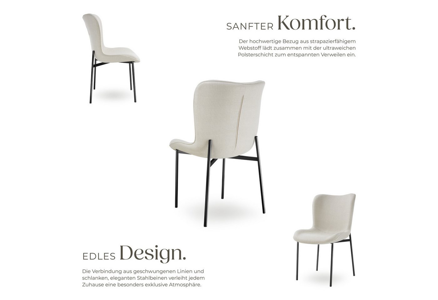 tectake Esszimmerstuhl Polsterstuhl, Belastbarkeit 120 kg, 54 x 62 x 90 cm (Lehnstuhl Tessa in Webstoff off-white/schwarz, 6 St), ergonomische Form mit hoher Rü – Bild 3 von 5