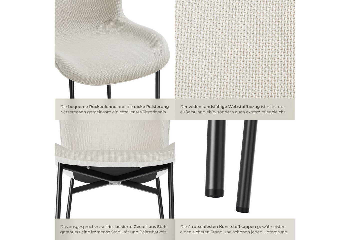 tectake Esszimmerstuhl Polsterstuhl, Belastbarkeit 120 kg, 54 x 62 x 90 cm (Lehnstuhl Tessa in Webstoff off-white/schwarz, 6 St), ergonomische Form mit hoher Rü – Bild 4 von 5