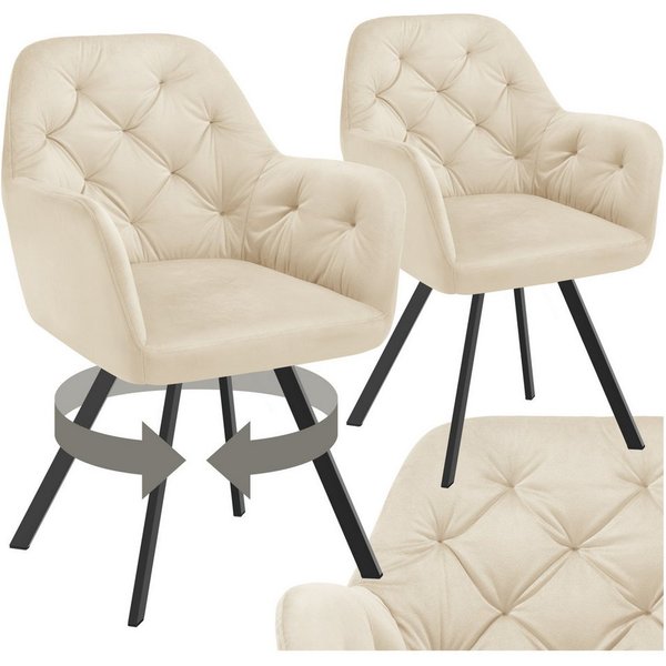 tectake Esszimmerstuhl Samt-Armlehnstuhl gepolstert, mit Steppmuster, 58 x 58 x 87 cm (Bürostuhl Lucia in creme, 2 St), 180° drehbar, Stahlbeine, bodenschonend,