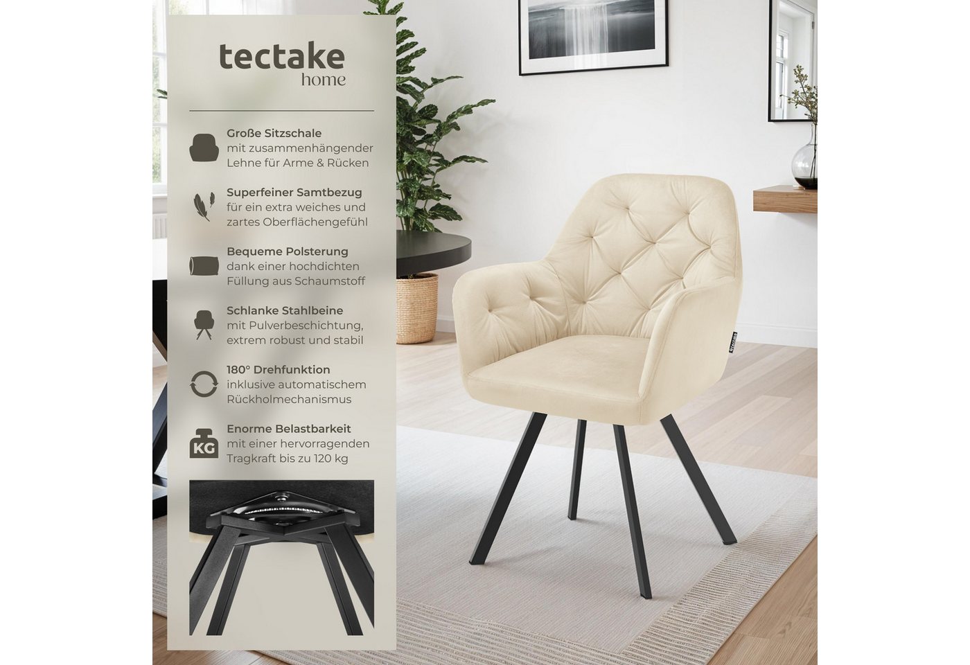 tectake Esszimmerstuhl Samt-Armlehnstuhl gepolstert, mit Steppmuster, 58 x 58 x 87 cm (Bürostuhl Lucia in creme, 6 St), 180° drehbar, Stahlbeine, bodenschonend, – Bild 2 von 5