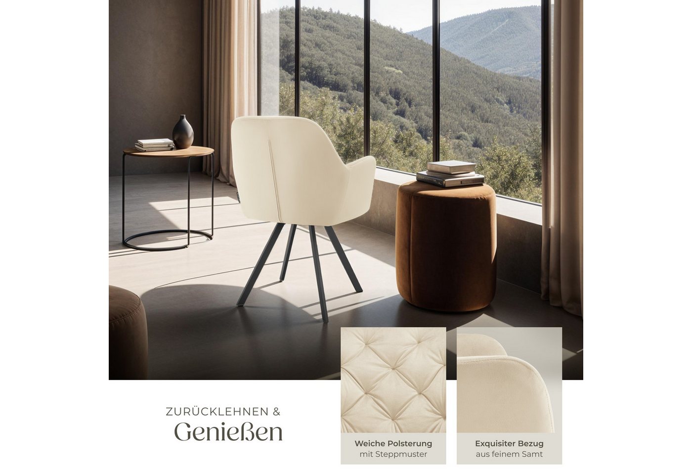tectake Esszimmerstuhl Samt-Armlehnstuhl gepolstert, mit Steppmuster, 58 x 58 x 87 cm (Bürostuhl Lucia in creme, 6 St), 180° drehbar, Stahlbeine, bodenschonend, – Bild 4 von 5