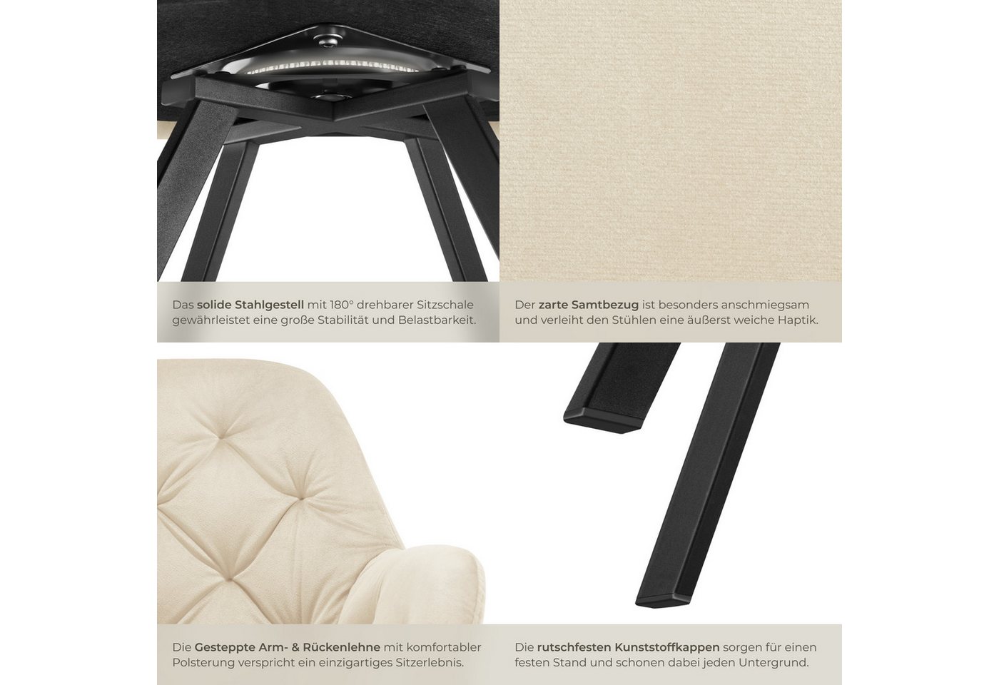 tectake Esszimmerstuhl Samt-Armlehnstuhl gepolstert, mit Steppmuster, 58 x 58 x 87 cm (Bürostuhl Lucia in creme, 6 St), 180° drehbar, Stahlbeine, bodenschonend, – Bild 5 von 5
